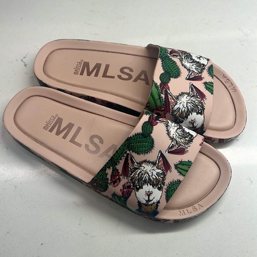 MLSA Melissa Beach Slides Pink Peony Green Cactus Llama Women’s Size 7‎